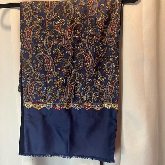 Men’s Silk Paisley Patterned Scarf - Blue and Gold - Picture 6 of 6